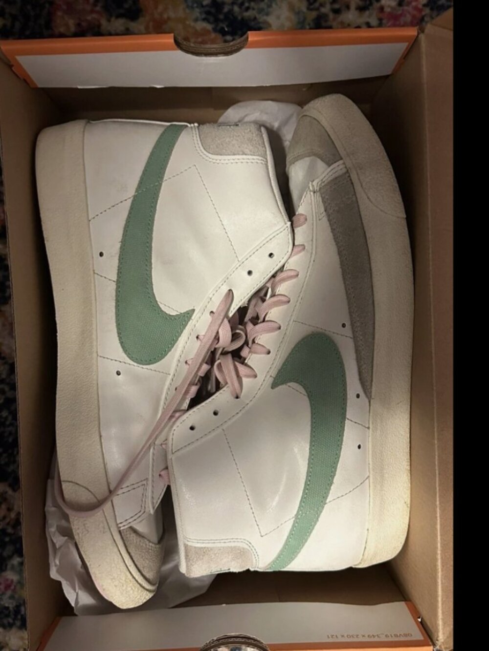 Nike Blazer Mids Sail White/Green with Pink Laces, with box